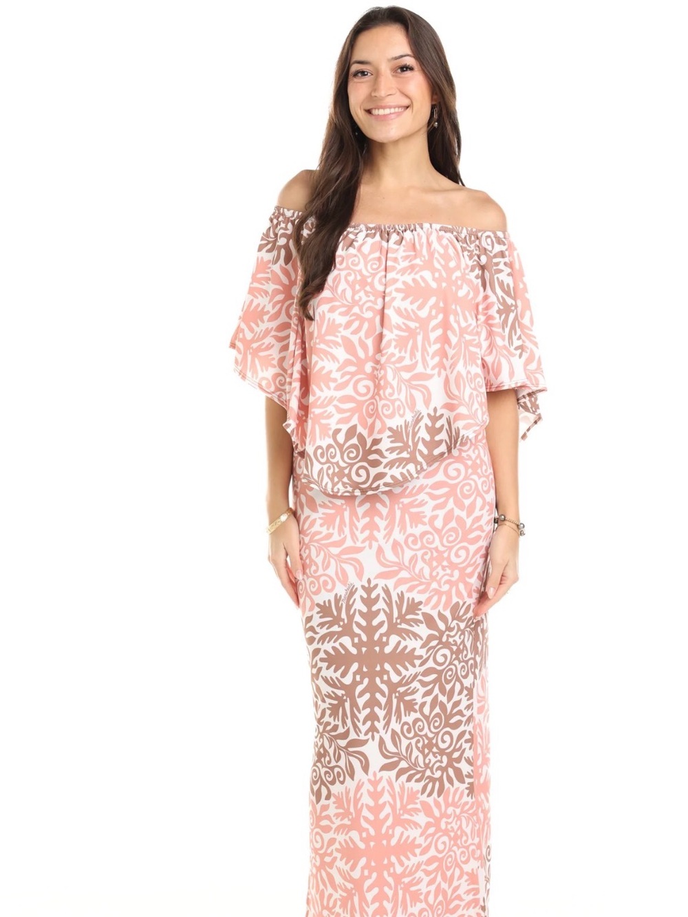 Manuhealii Coral Pink & Brown Off-Shoulder Maxi Dress - Picture 6 of 6
